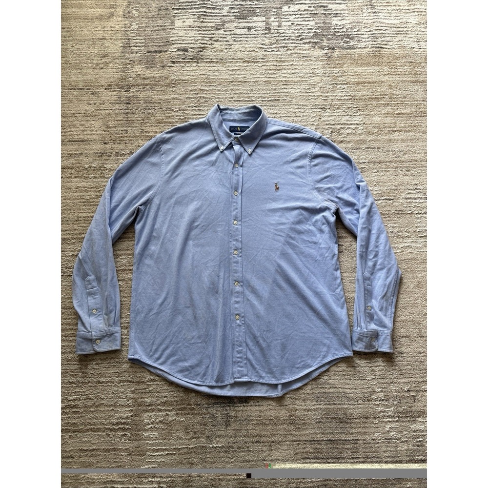 Ralph Lauren Button-Up Shirt Knit Oxford Blue Long Sleeve Men Size XL Pleaded